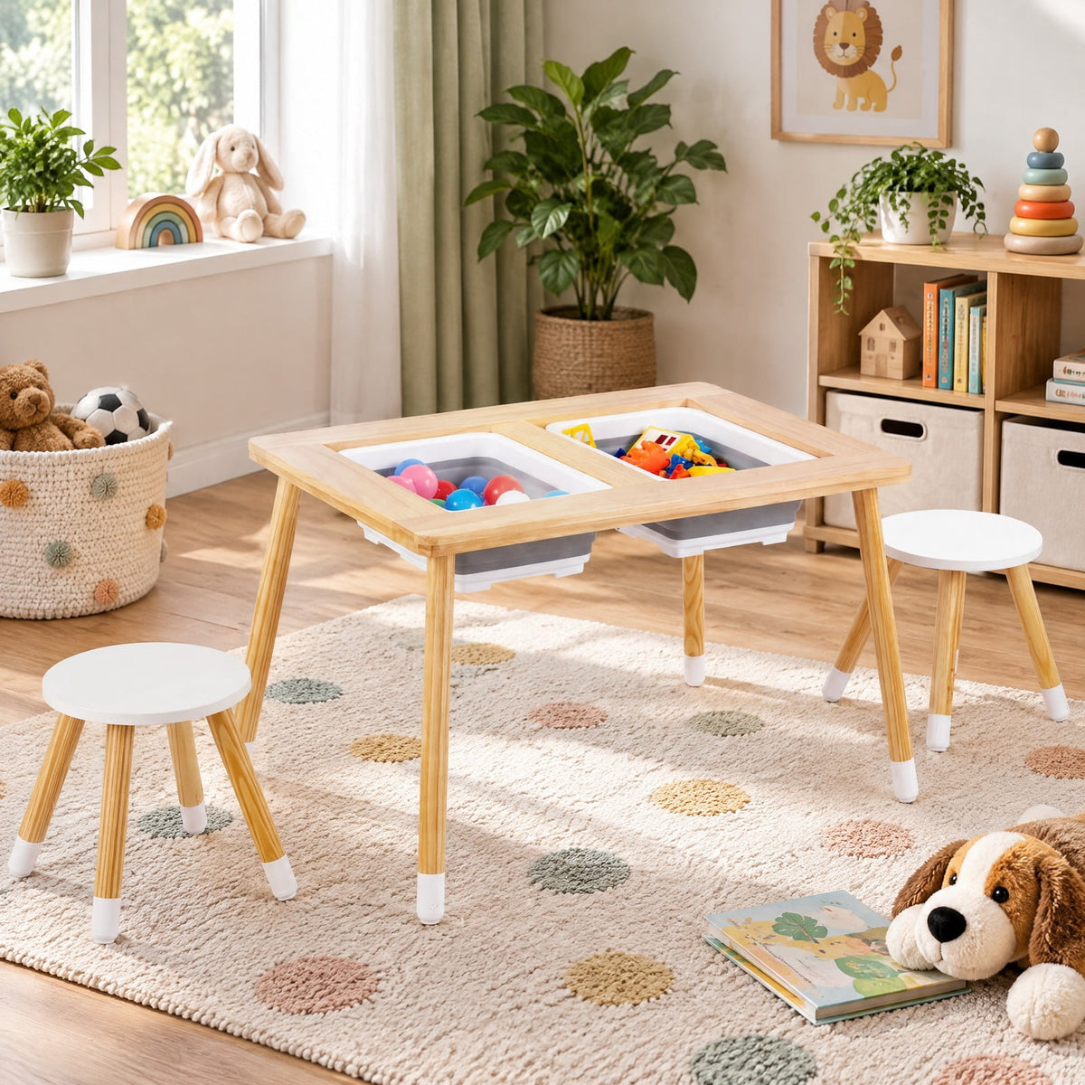 Airfind Wooden Kids Activity Table Set with Double-Sided Boards, 200 lbs Capacity, Pine Wood MDF Frame, 32 x 23 x 19.5 Footprint, Natural