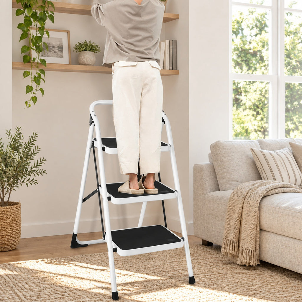 Airfind Folding 3-Step Ladder with Handgrip and Anti, 330 lbs Capacity, Iron Frame, 19.5 Inch x 26 Inch x 36.5 Inch Footprint, Black white