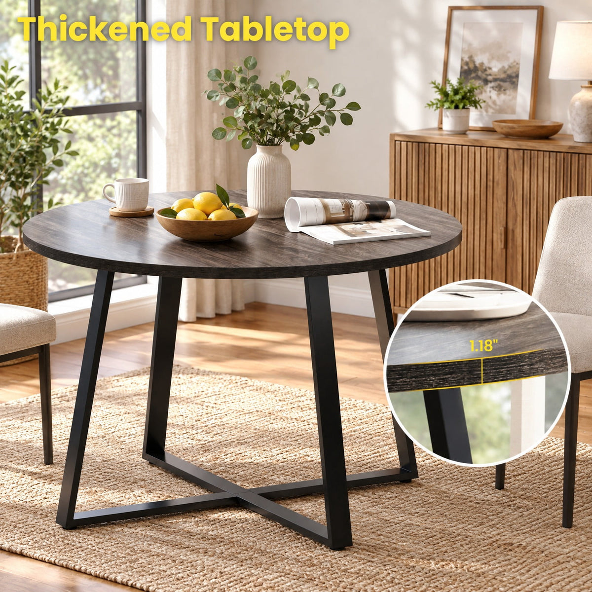 Airfind 47 Inch Round Dining Table with Stable X-shaped Base and Round Thickened Tabletop, 220 Lbs Capacity, Engineered Wood Metal, Gray Oak, Gray