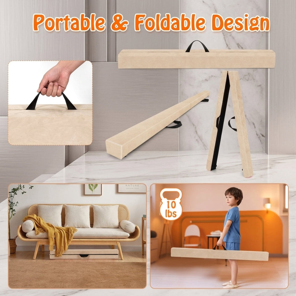 Airfind Folding Balance Beam with Solid Wood Base and Anti Slip Bottom for Kids Gymnastics Practice and Home Training, Beige