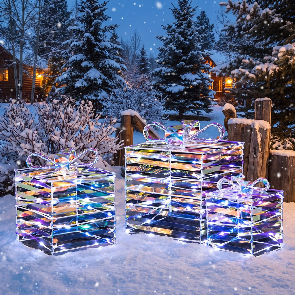 Airfind Set of 3 Christmas Lighted Gift Boxes with Bows and Plug, PVC Metal Frame, 10 Inch x 10 Inch x 10 Inch Footprint, of Light White
