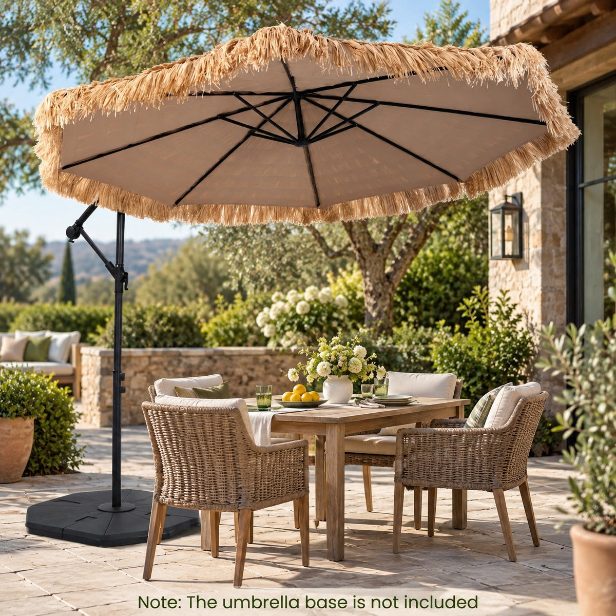 Airfind 10 FT Solar Thatched Cantilever Umbrella with 12 Modes and Crank Lift, PE Thatch Polyester Fabric Metal ABS Frame, Brown