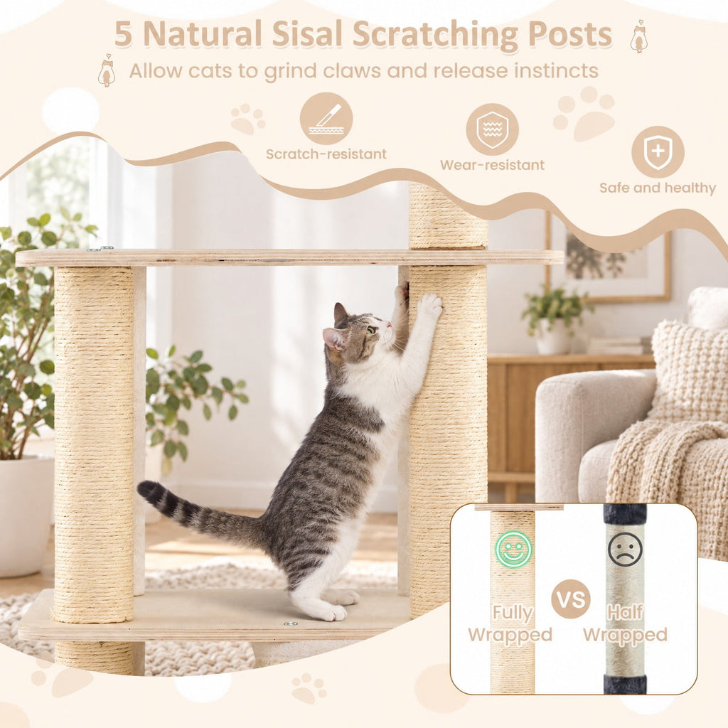 Airfind 63 Inch Tall Wooden Cat Tree with 2-Story Condo and Plush Padded Top Perch, 44 lbs Capacity, 23in x 19in x 63in Condo Footprint, Natural