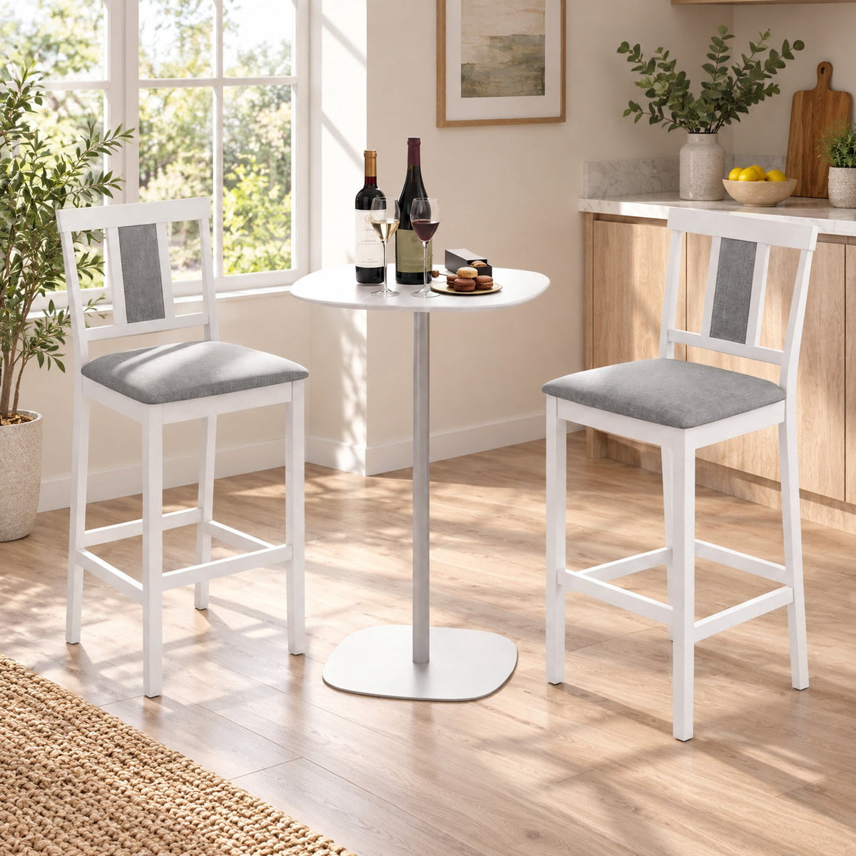 Airfind Set of 2 Upholstered Barstool 29.5 Inch Bar Height with Solid Rubber Wood Frame, 300 lbs Capacity, White