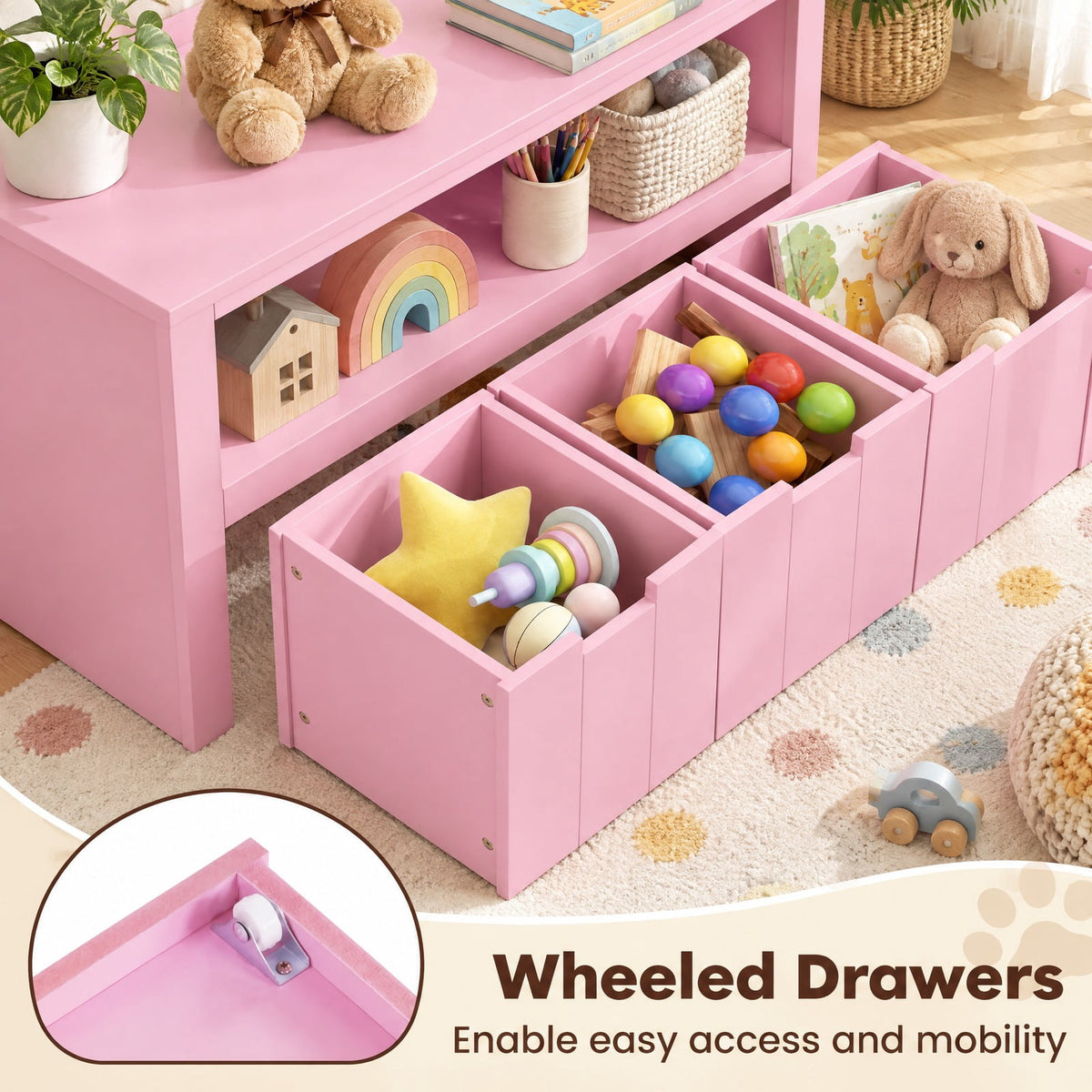Airfind Kid Toy Storage Cabinet Drawer Chest with Wheels and Large Storage Cube Shelf, 110 lbs Capacity, MDF Frame, Pink