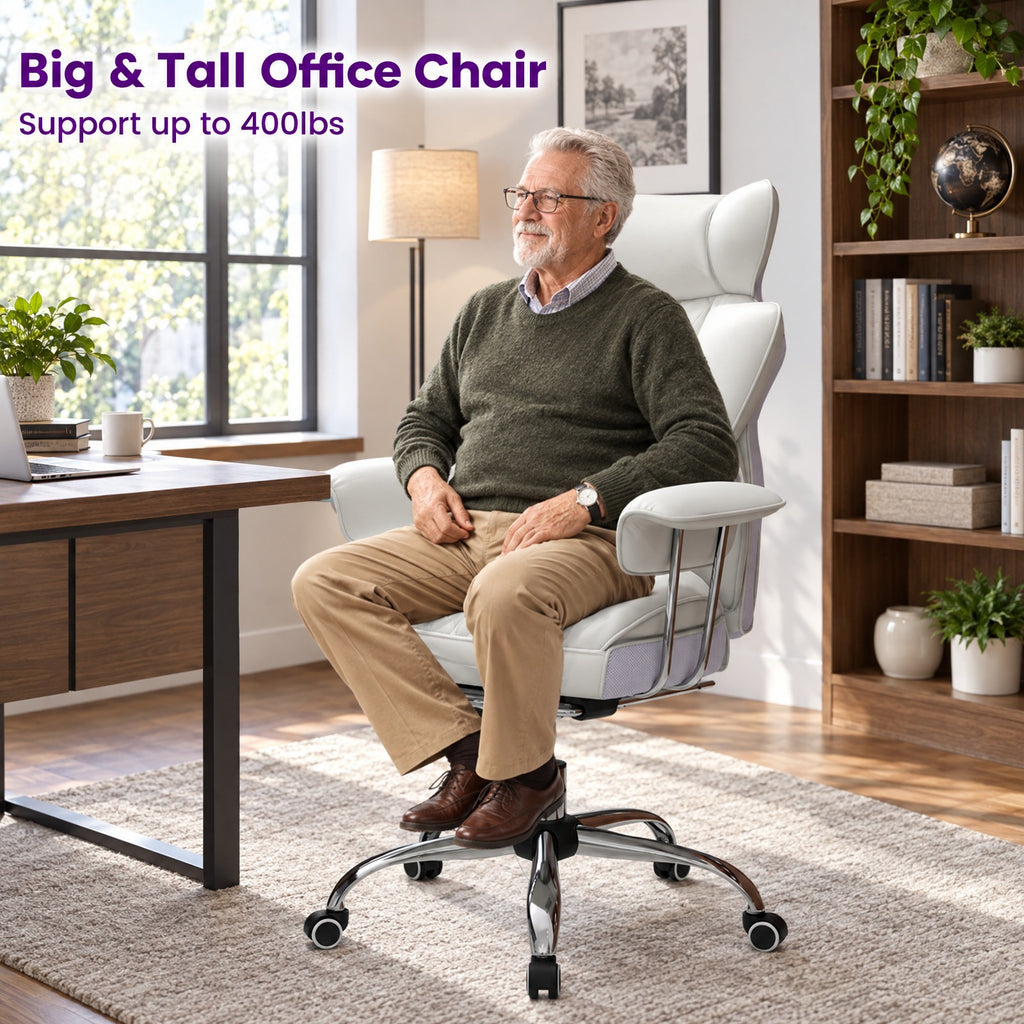Airfind PU Leather Home Office Chair 400 lbs High Back Executive Chair, 400 lbs Capacity, PU Leather Sponge Pocket Spring Plywood Metal Frame, White