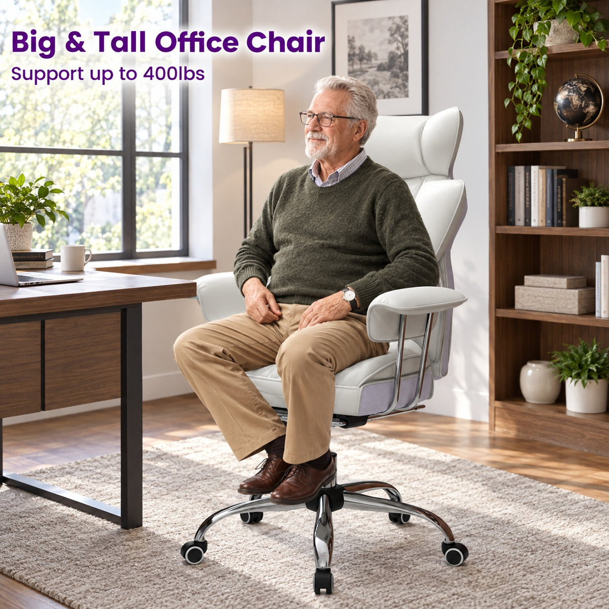 Airfind PU Leather Home Office Chair 400 lbs High Back Executive Chair, 400 lbs Capacity, PU Leather Sponge Pocket Spring Plywood Metal Frame, White