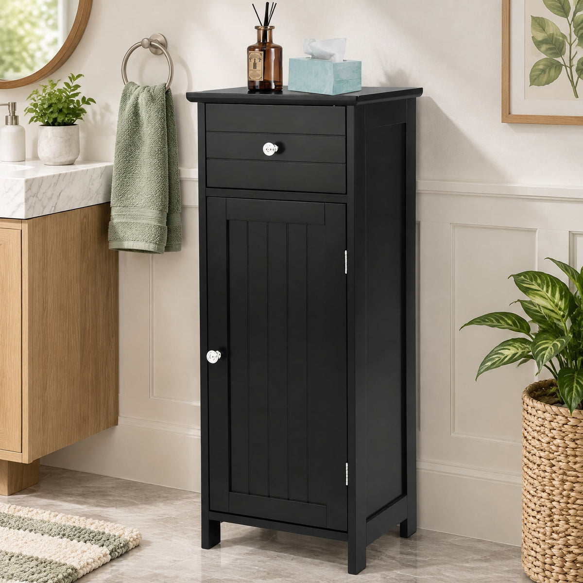 Airfind Wooden Bathroom Floor Storage Cabinet with Drawer and Shelf, 22 lbs Capacity, MDF Frame, 14 Inch x 12 Inch x 34.5 Inch Footprint, Black
