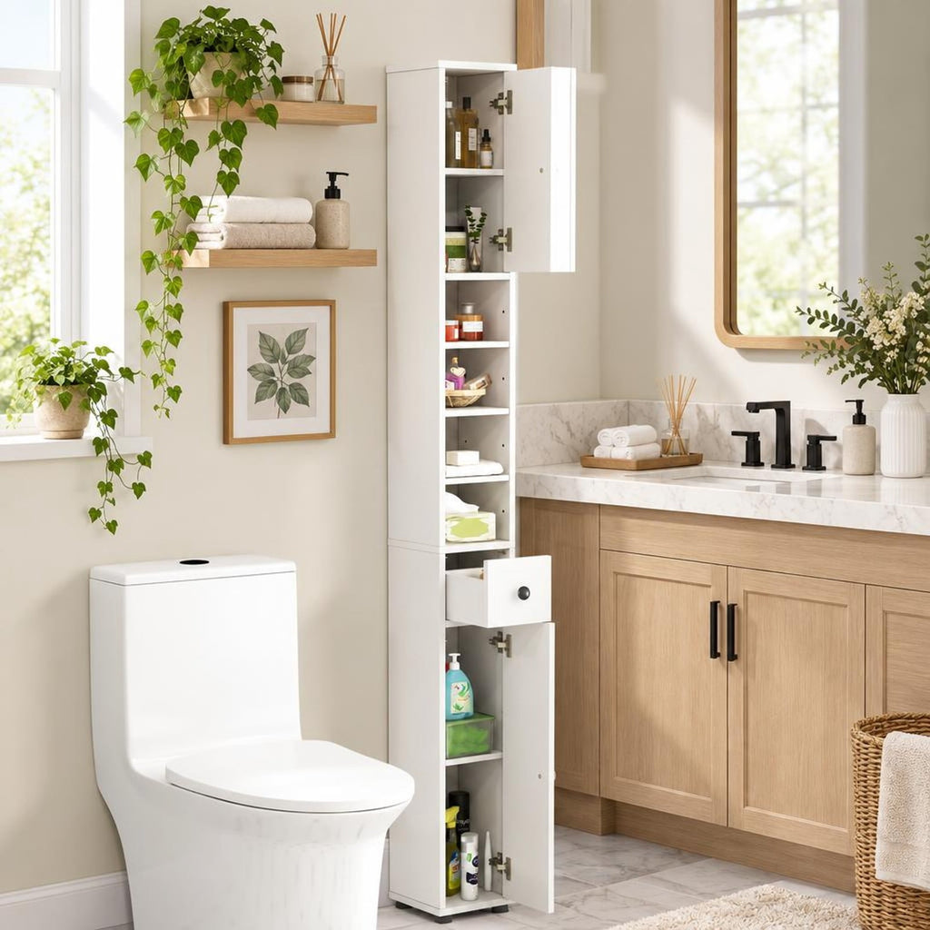 Airfind Freestanding Slim Bathroom Cabinet with Drawer and Adjustable Shelves, 110 lbs Capacity, MDF Frame, 8in x 8in x 71in Total Footprint, White