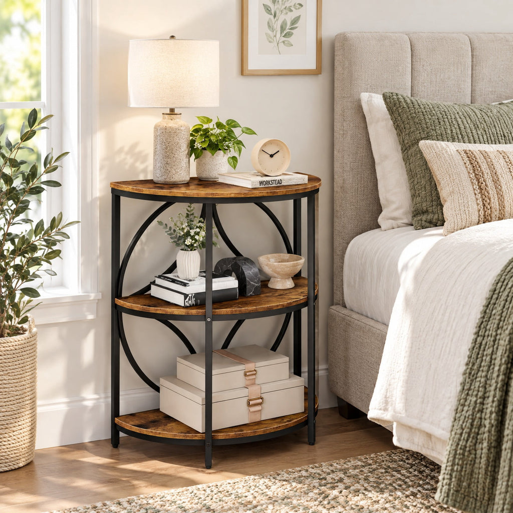 Airfind 3, Tier Half Round End Table with Study Metal Frame for Living Room, Rustic Brown, Smooth rounded edges ensure reliable safety during use