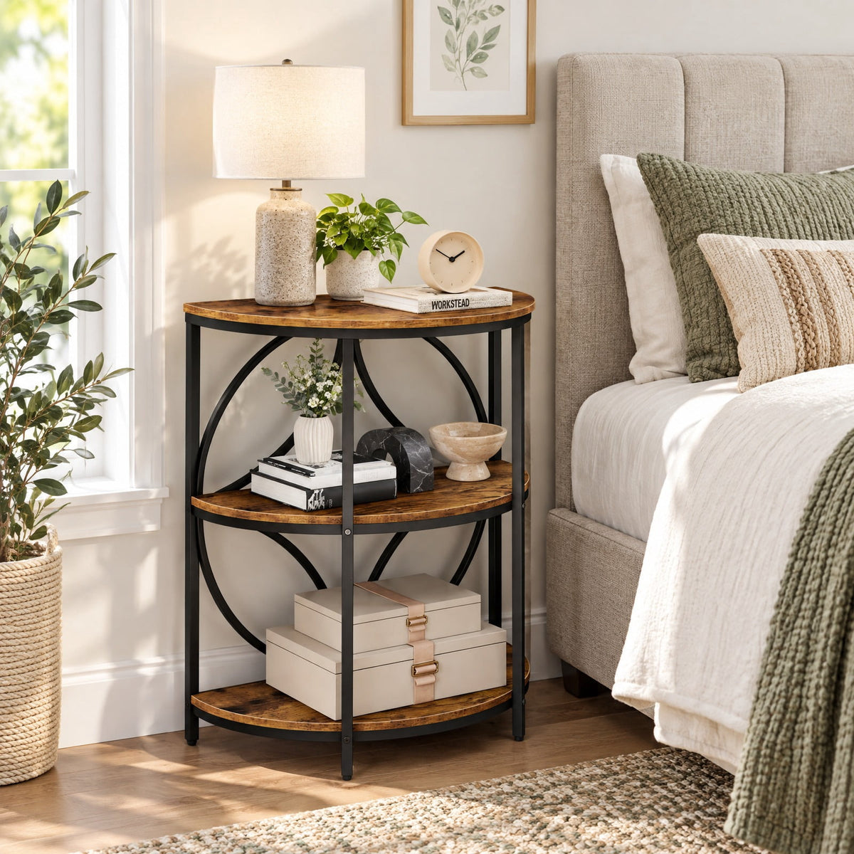 Airfind 3, Tier Half Round End Table with Study Metal Frame for Living Room, Rustic Brown, Smooth rounded edges ensure reliable safety during use