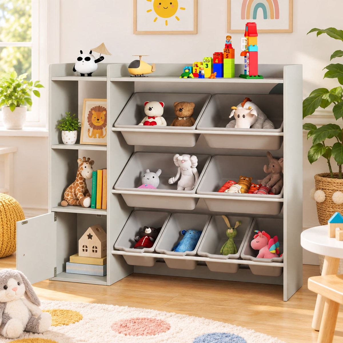 Airfind Kids Toy Storage and Bookshelf with Open Shelves and Single-door Cabinet, 220 lbs Capacity, Engineered Wood Frame, for 3+ Years Old Total