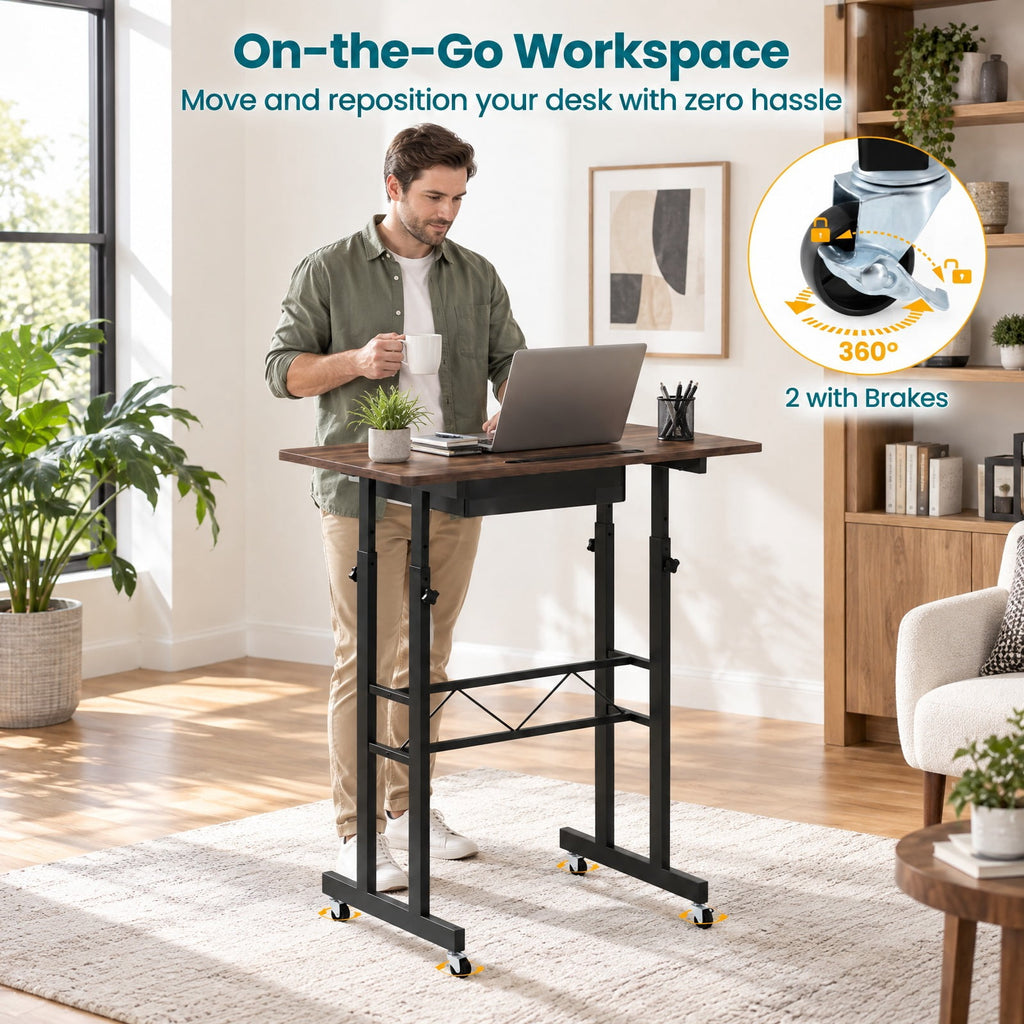 Airfind Height Adjustable Laptop Desk with Fabric Drawer Tablet Holder and Lockable Wheels, 45 lbs Capacity, 31.5 x 20 x 29-45.5 Footprint