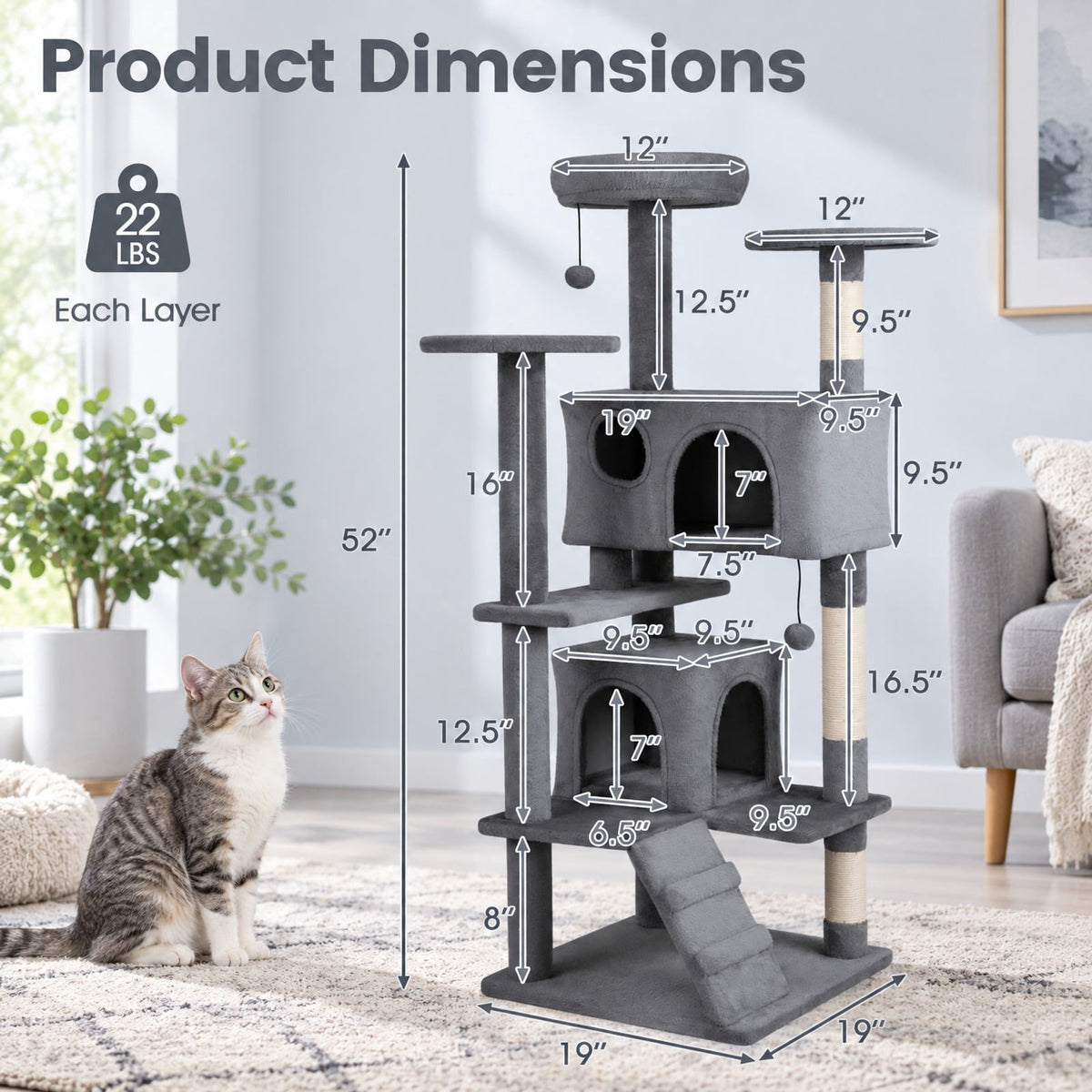 Airfind 52 Inch Tall Cat Tree Tower for Indoor Cats, 22 lbs Capacity, Engineered Wood Sponge Plush Fabric Sisal Frame, Light Gray