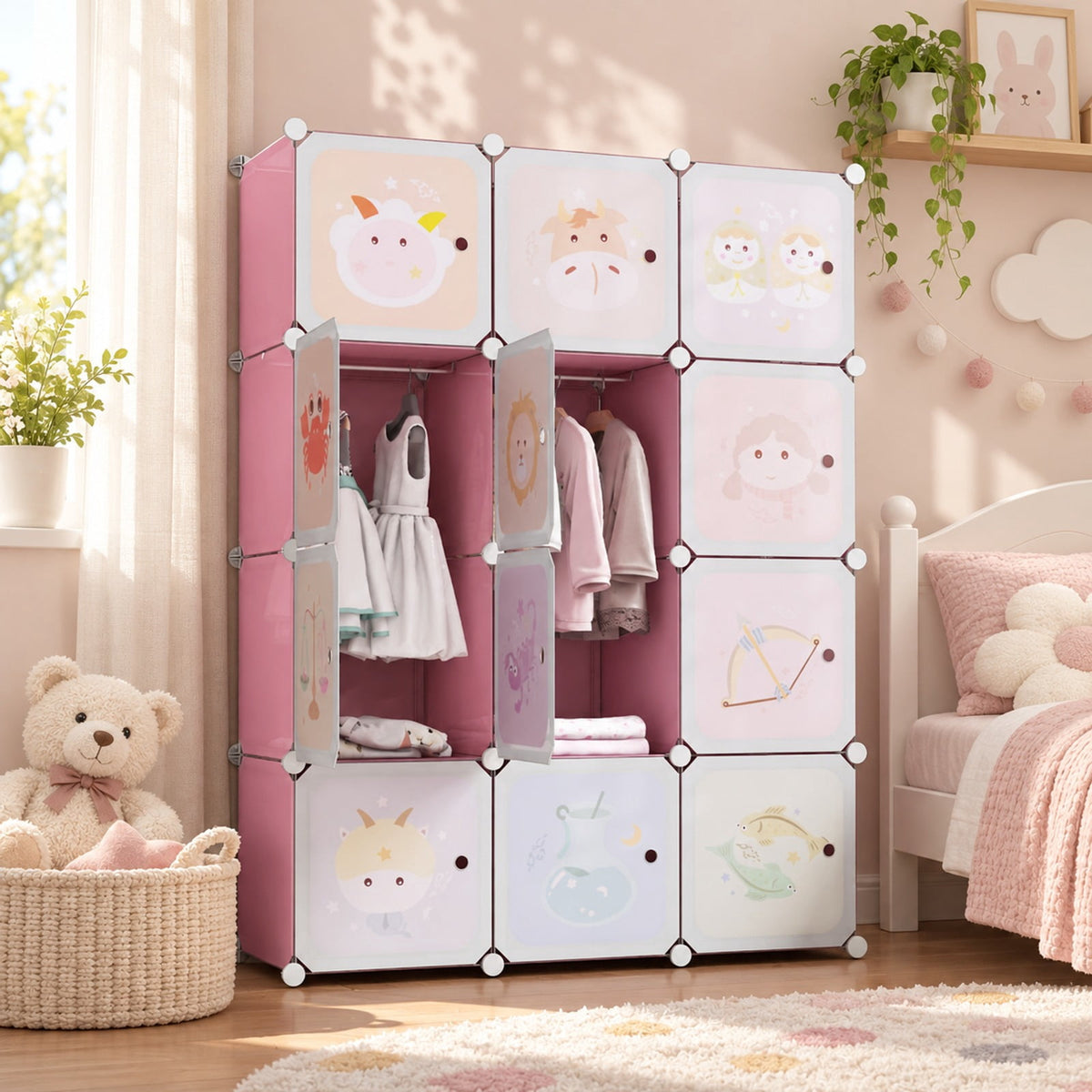 Airfind 12 Cube Kids Wardrobe Closet with Hanging Section and Doors, PP Metal Frame, 43 Inch x 14 Inch x 57 Inch Footprint, Pink