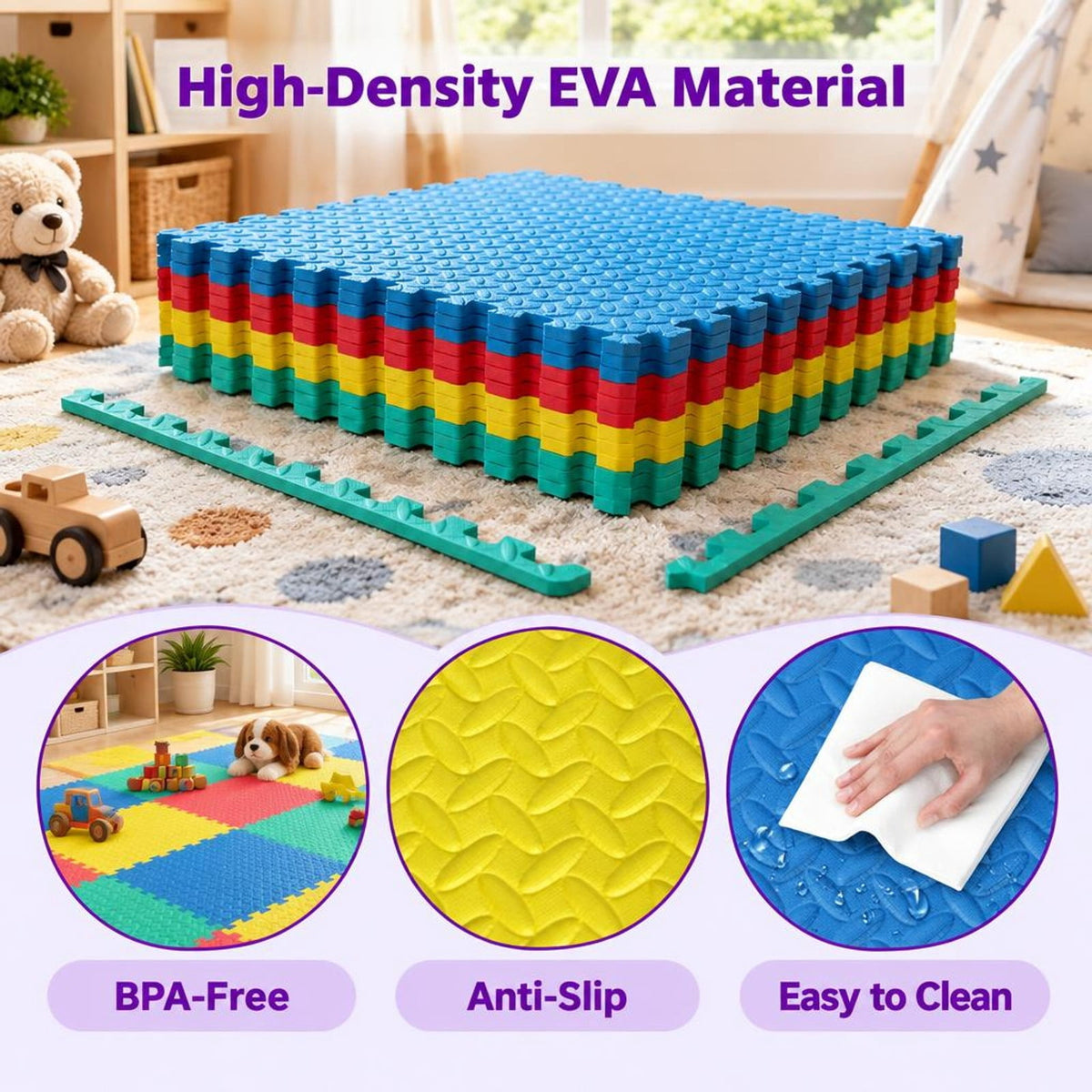 Airfind 12 Pieces Puzzle Interlocking Flooring Mat with Anti, EVA Frame, 25 x 25 x 0.5 Footprint, Black