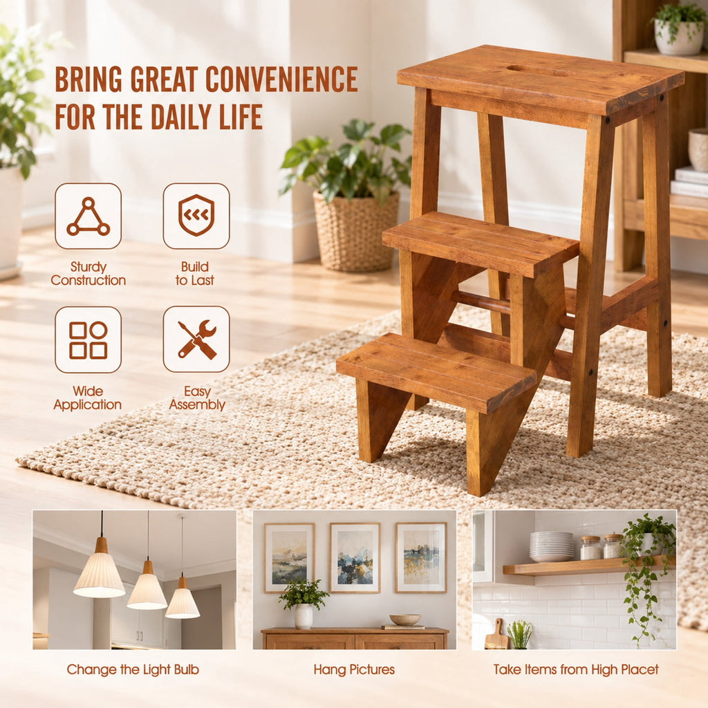 Airfind 3-in-1 Rubber Wood Step Stool with Convenient Handle, Rubber wood Frame, 22 x 16 x 24 Footprint, Coffee