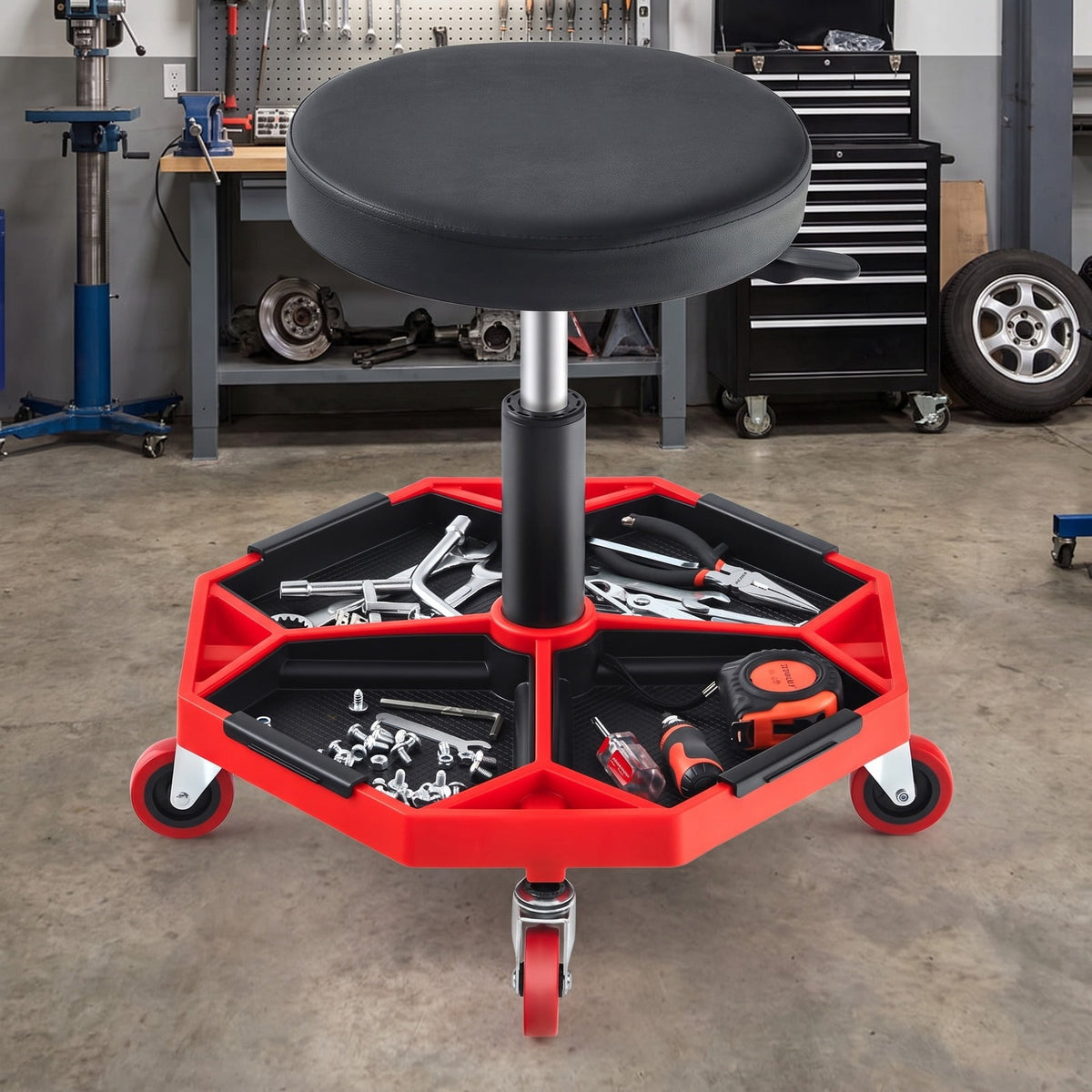 Airfind 330 LBS Capacity Pneumatic Rolling Mechanic Stool with Padded Seat, 20 x 20 x 16 inch Footprint, Red