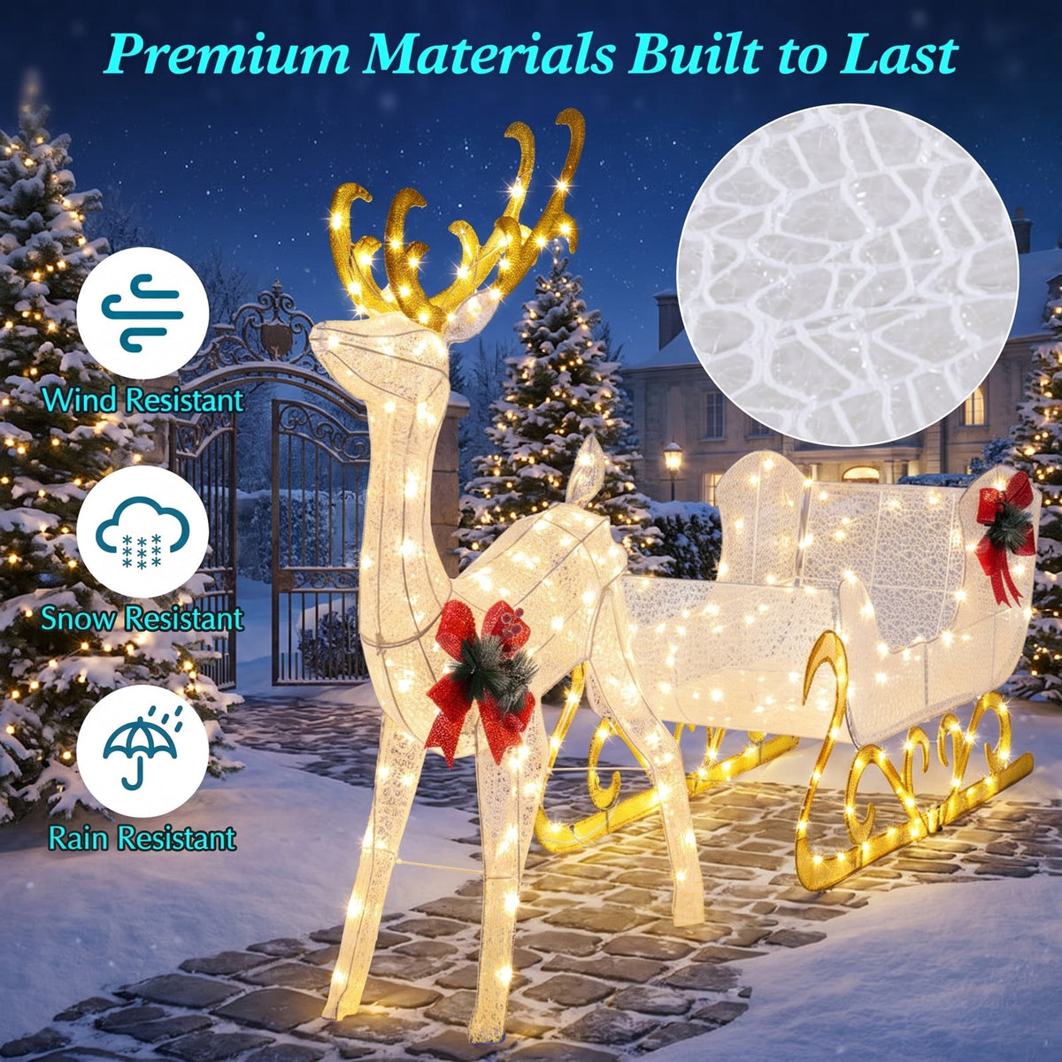 Airfind 6 Feet Christmas Lighted Reindeer and Santas Sleigh Decoration with 4 Stakes, Steel tinsel Frame, 19.5 x 72.5 x 48.5 Footprint, White