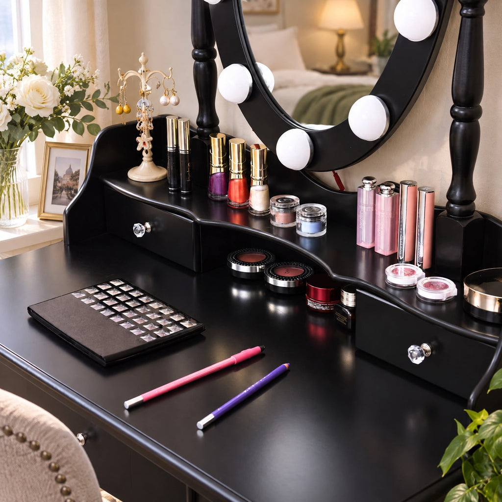Airfind Oval Mirror Vanity Set with 10 LED Dimmable Bulbs and 3 Drawers, 287 lbs Capacity, MDF Pine Frame, Black