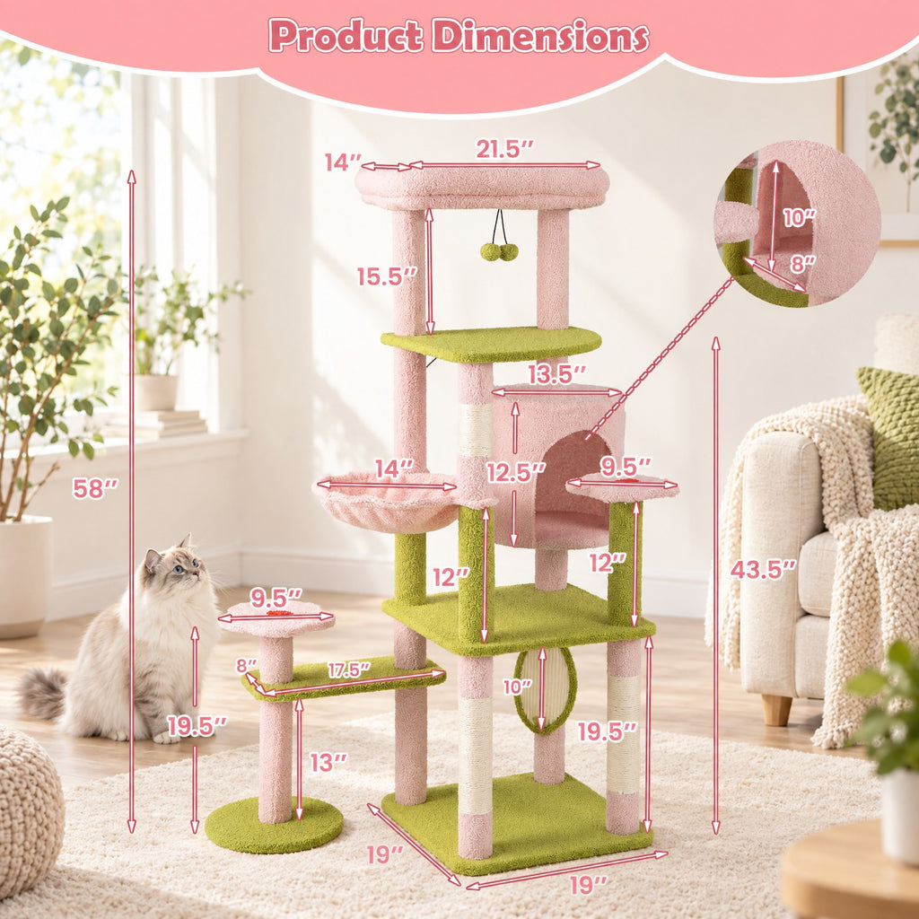Airfind 58 Inch Tall Multi-Level Cat Tree Aesthetic Floral Kitten Tower, Teddy Plush Fabric Sisal Engineered Board Frame, Pink