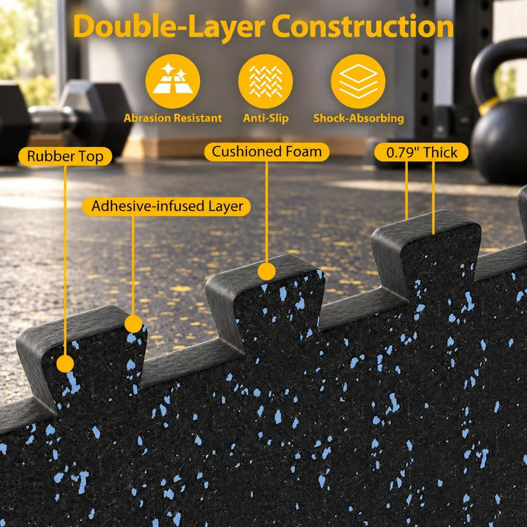 Airfind 0.79 inch Thick Rubber Top Exercise Mat 48 Sq Ft with Boarders-Black Blue, Rubber PE Foam Frame, of 12 Tiles 6 x 8 ft Total Footprint