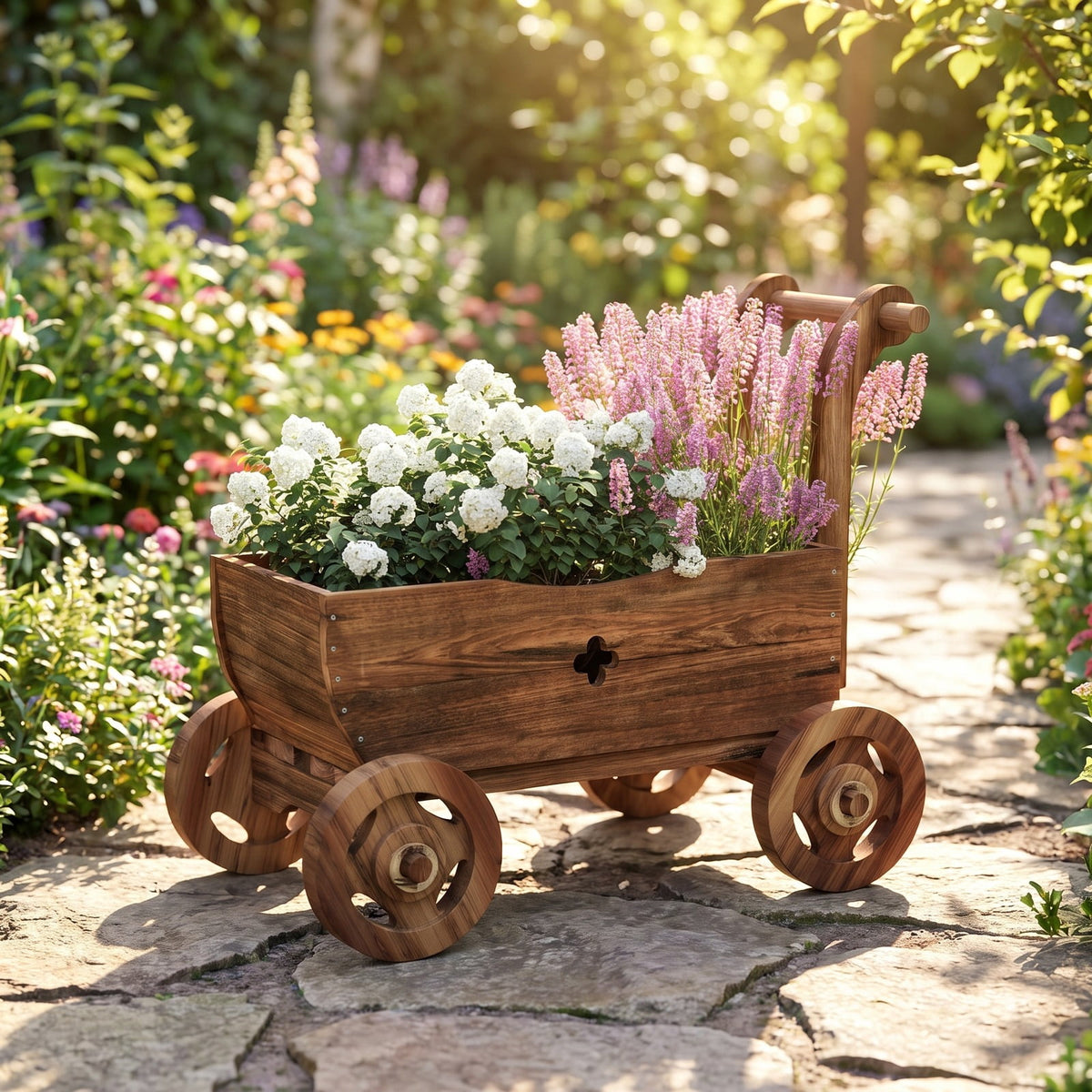 Airfind Decorative Wooden Wagon Cart with Handle Wheels and Drainage Hole, 44 lbs Capacity, Fir Wood Frame, 27 x 15 x 21 Footprint, Brown