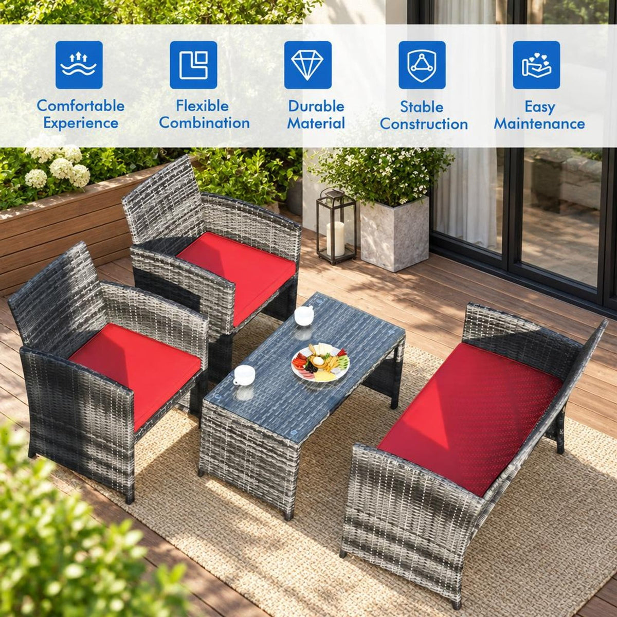 Airfind 4 Pieces Patio Rattan Furniture Set with Cushions, PE Rattan Polyester Fiber Steel Sponge Single Sofa Frame, Red