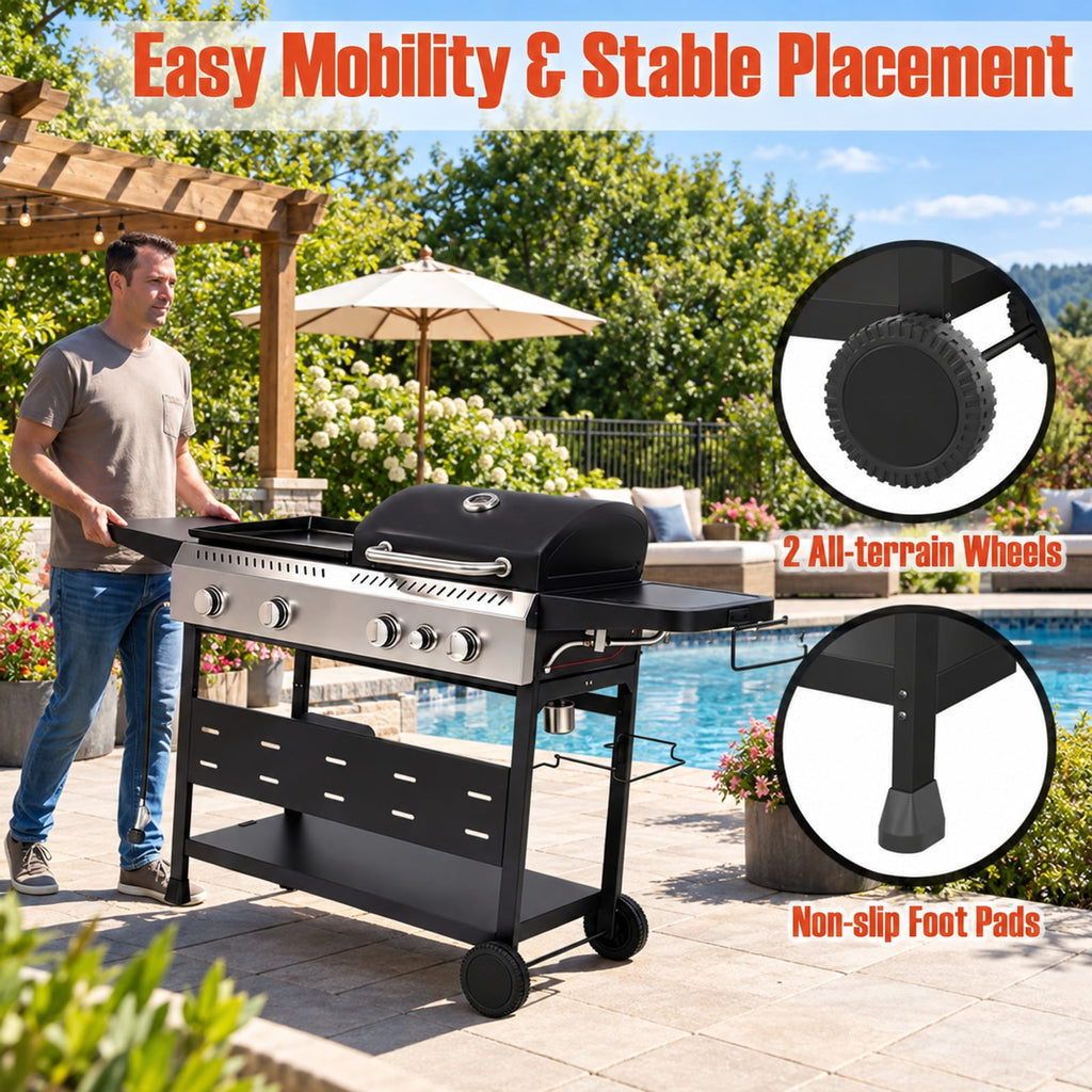 Airfind 5-Burner Propane Gas Grill and Griddle Combo with Side Burner, Metal 201 Stainless Steel Cast Iron PP Frame, Black