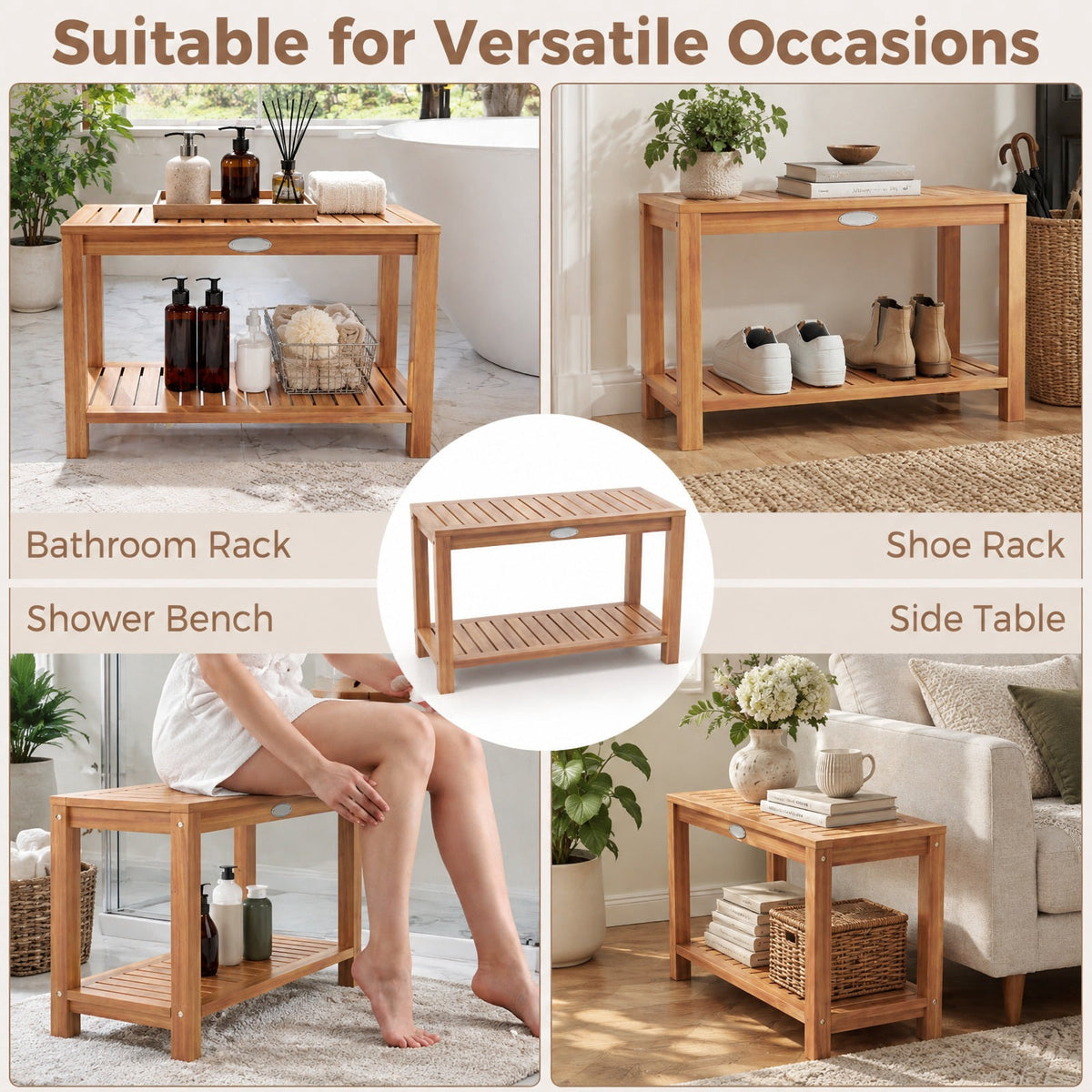 Airfind 30 Inch Teak Wood Shower Bench Inside Shower Stool with Storage Shelf, Teak Wood 19 Inches Frame, 19 x 12.5 x 17.5 Footprint, Wood
