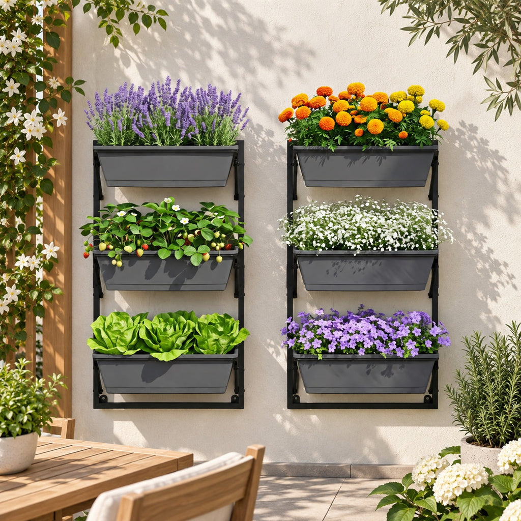 Airfind Deck Railing Planter Boxes with Adjustable Brackets and 3-Tier Design for Porch Patio, Black, Side holes make it easy to add and drain water
