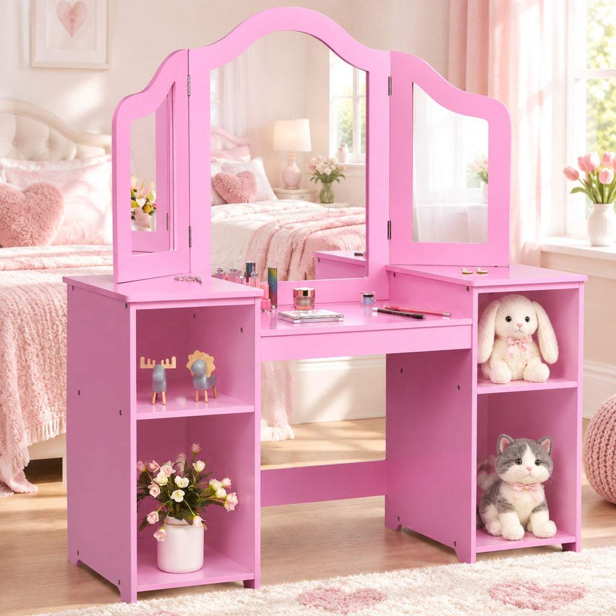 Airfind Kids Tri Folding Mirror Makeup Dressing Vanity Table Set, 220 lbs Capacity, MDF Plastic mirror Weight: 45 lbs Frame, Pink