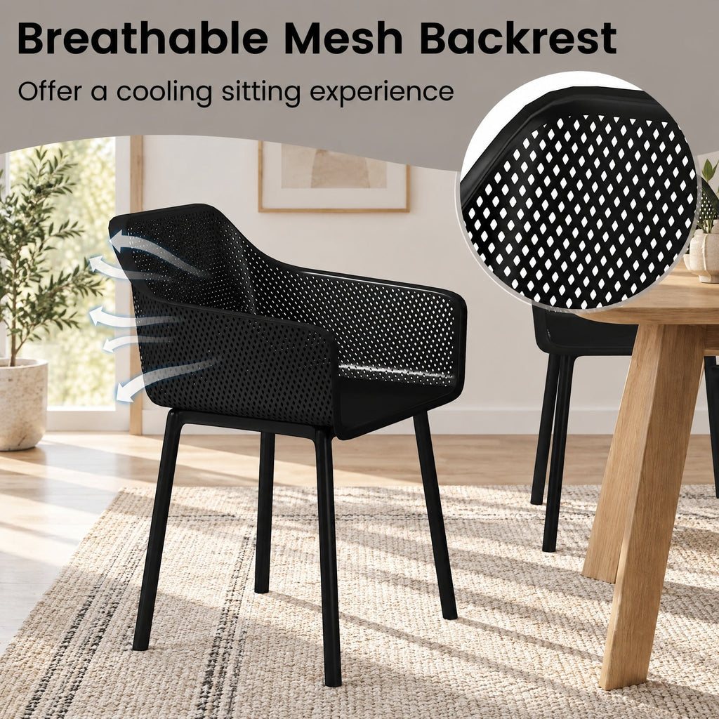 Airfind Modern Plastic Dining Chairs Set of 2 Kitchen Armchairs with Breathable Mesh Backres, 330 Lbs Capacity, PP, Black