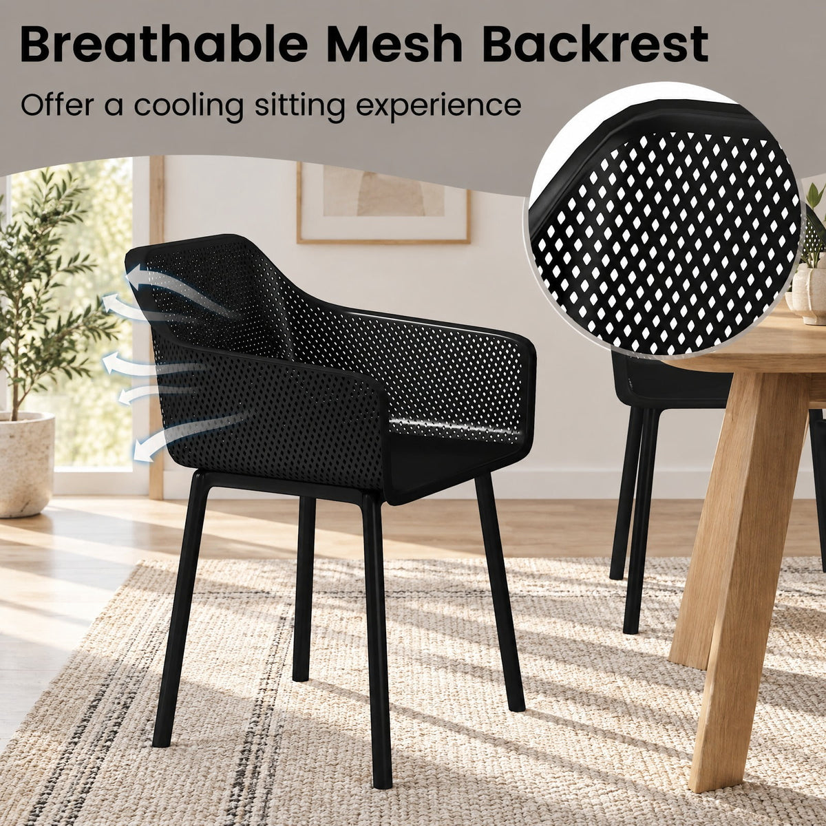 Airfind Modern Plastic Dining Chairs Set of 2 Kitchen Armchairs with Breathable Mesh Backres, 330 Lbs Capacity, PP, Black