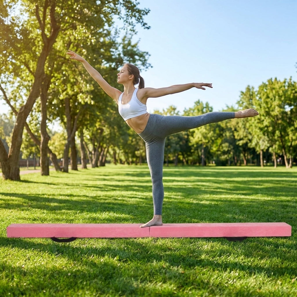 Airfind 9 ft Folding Gymnastics Balance Beam with Suede Cover, Pine Wood Core and Non-Slip Mat, Pink