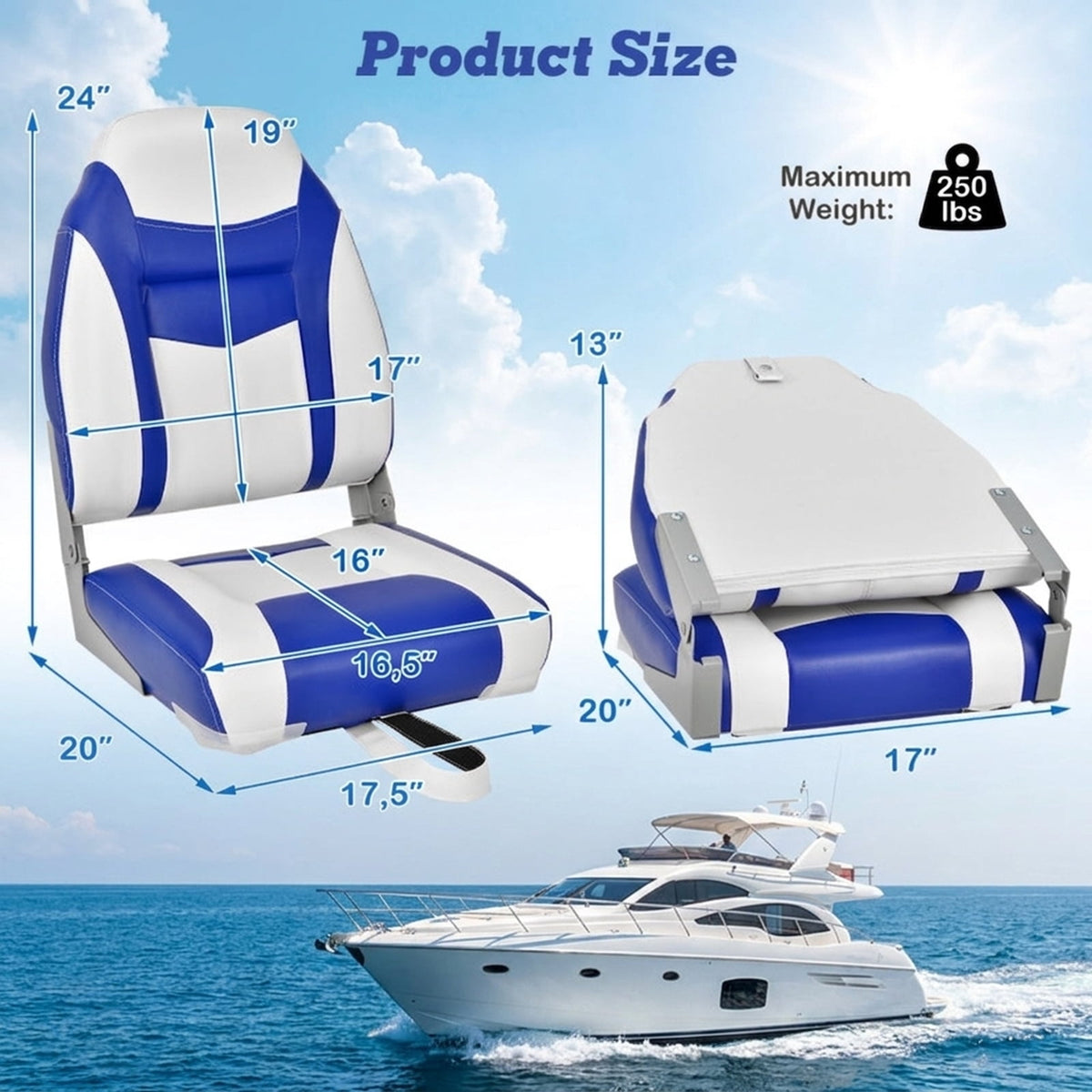 Airfind High Back Folding Boat Seat with Soft Padded Cushion and Waterproof Vinyl for Fishing and Pontoon Boats with Aluminum Hinges, Blue