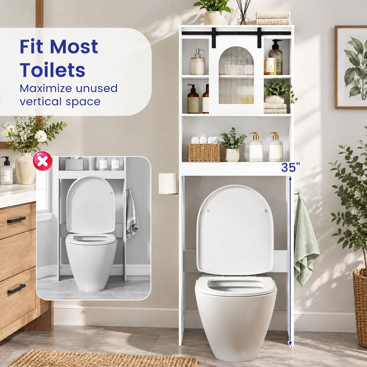 Airfind Over Toilet Storage Cabinet with Sliding Barn Door and Open Shelves for Bathroom, 44 lbs Capacity, Engineered Wood Frame, White