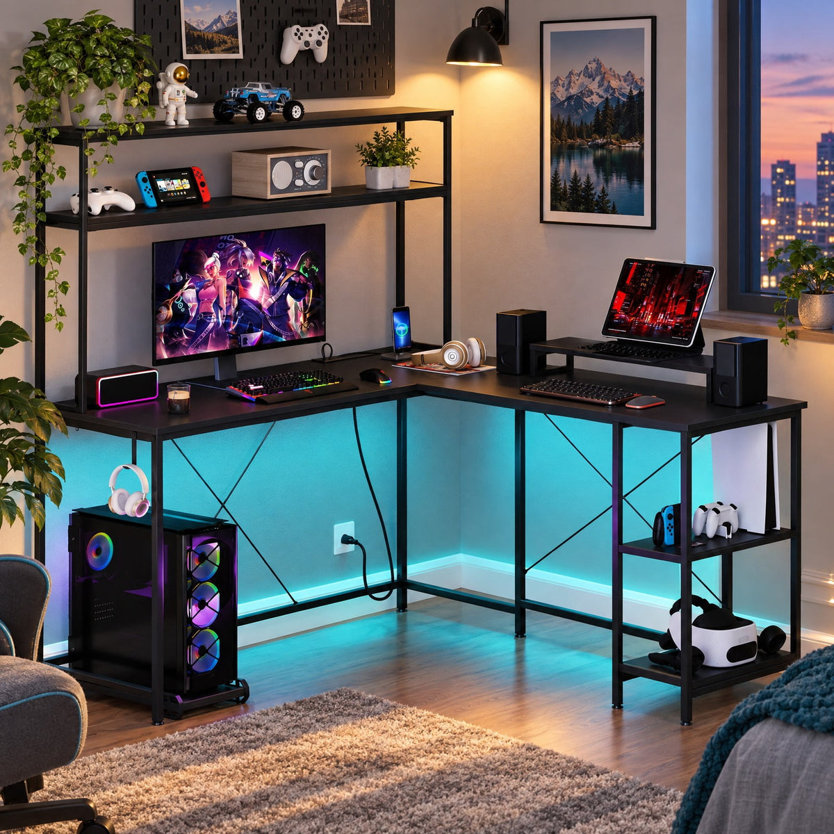 Airfind L-Shaped Reversible Gaming Desk with LED Strip and Power Outlets Hutch Monitor Stand, 310 lbs Capacity, Engineered Wood Metal Frame, Black