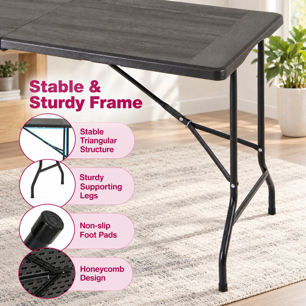Airfind 5FT Folding Picnic Table with Wood Grain HDPE Tabletop and Non-slip Foot Pads, 400 lbs Capacity, HDPE Metal Frame, Black