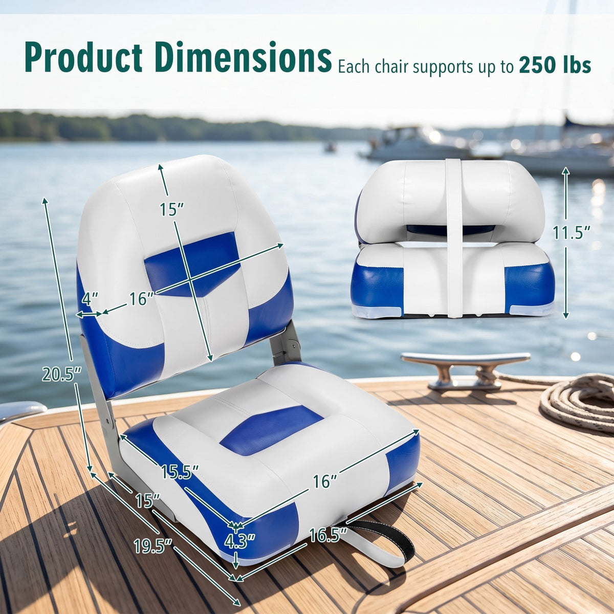 Airfind Folding Low Back Fishing Boat Seats 2 Pack with Padded Cushion and Stainless Steel Screws for Jon Boats and Pontoon Fishing, Blue and White
