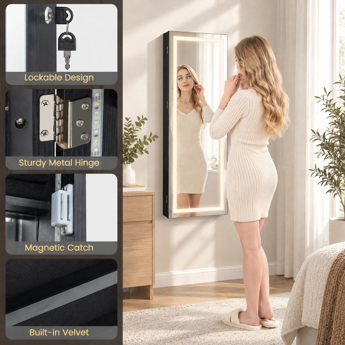 Airfind 42.5 Inches Lockable Jewelry Mirror Wall Cabinet with 3-Color LED Lights, MDF Frame, 15 x 4 x 42.5 Hook Footprint, Black