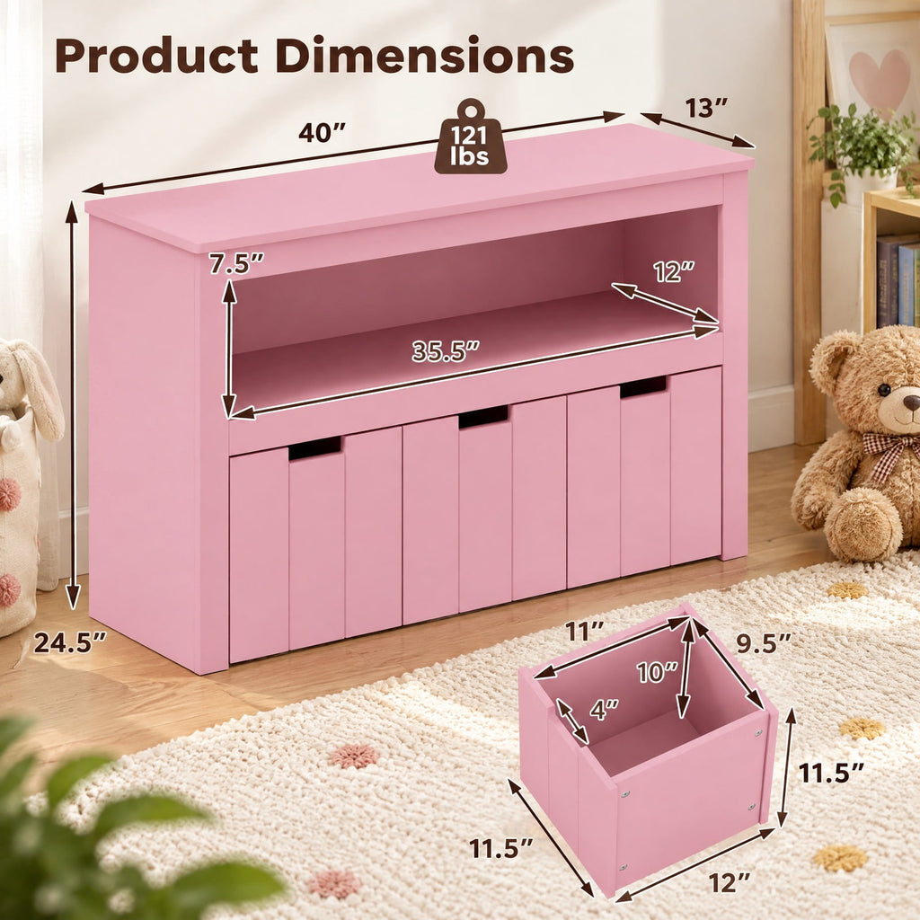 Airfind Kid Toy Storage Cabinet Drawer Chest with Wheels and Large Storage Cube Shelf, 110 lbs Capacity, MDF Frame, Pink