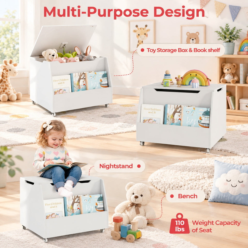 Airfind Wooden Mobile Toy Storage Organizer with Bookshelf and Lockable Wheels, 110 lbs Capacity, MDF PP Frame, 24in x 19in x 18in Footprint, White