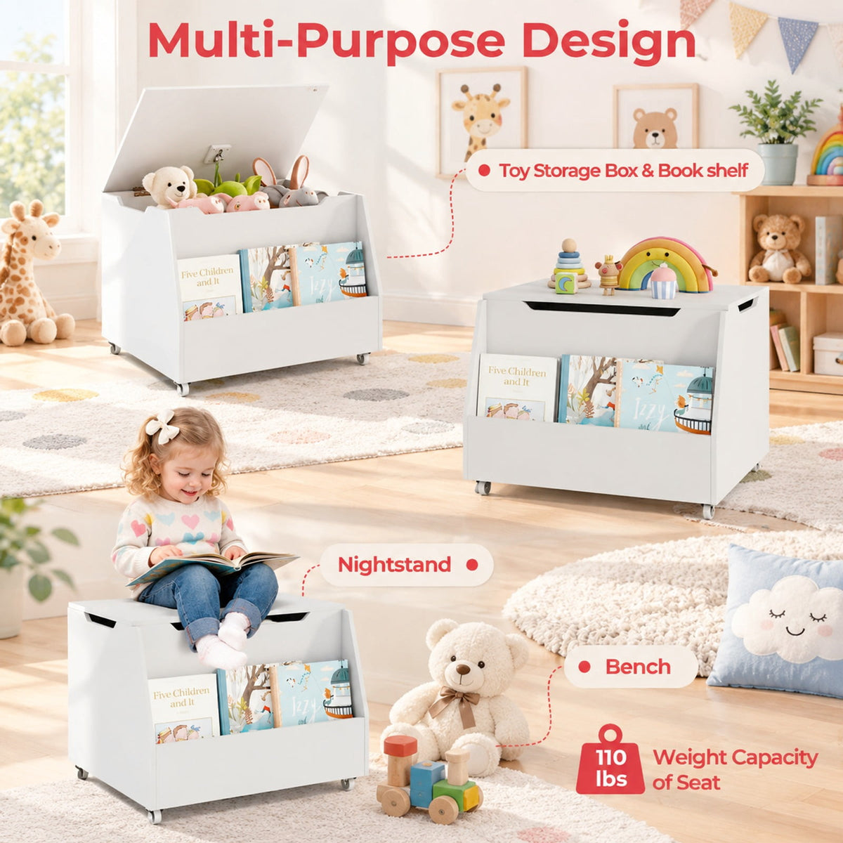 Airfind Wooden Mobile Toy Storage Organizer with Bookshelf and Lockable Wheels, 110 lbs Capacity, MDF PP Frame, 24in x 19in x 18in Footprint, White
