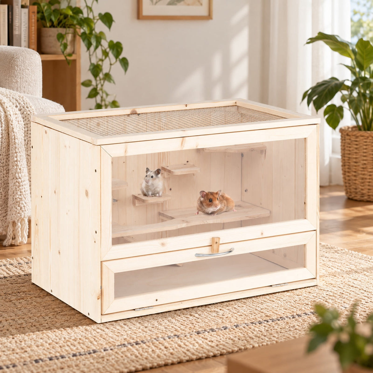 Airfind Wooden Hamster Cage with Mesh Flip Roof, Fir Wood Acrylic Frame, 23.5 x 14 x 16.5 Cage Inside Footprint, Natural