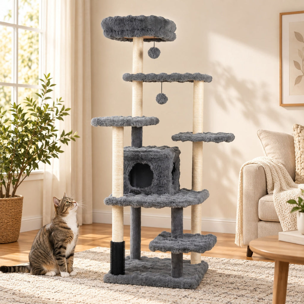 Airfind 67 Inch Multi-level Cat Tree with Large Cat Condo and Padded Perch, 22 lbs Capacity, Polyester Fabric PP Cotton Sisal Engineered Wood Frame