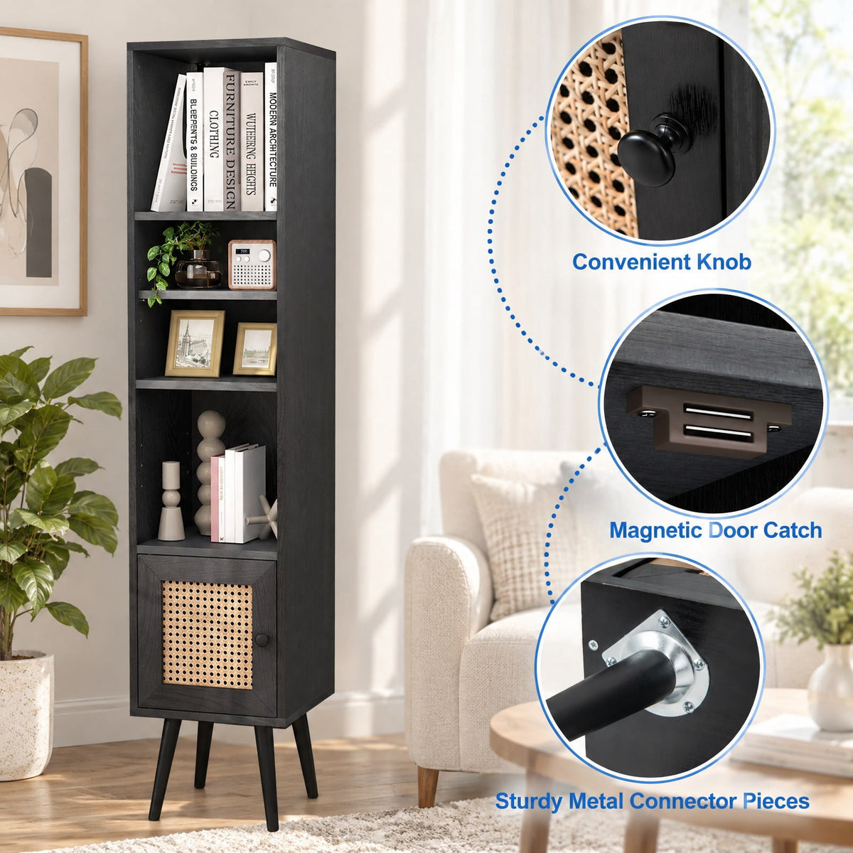 Airfind 4 Tiers Rattan Storage Cabinet with Slim Design, 135 lbs Capacity, Engineered Wood Solid Wood Rattan Frame, 12 x 12 x 54 Footprint, Black