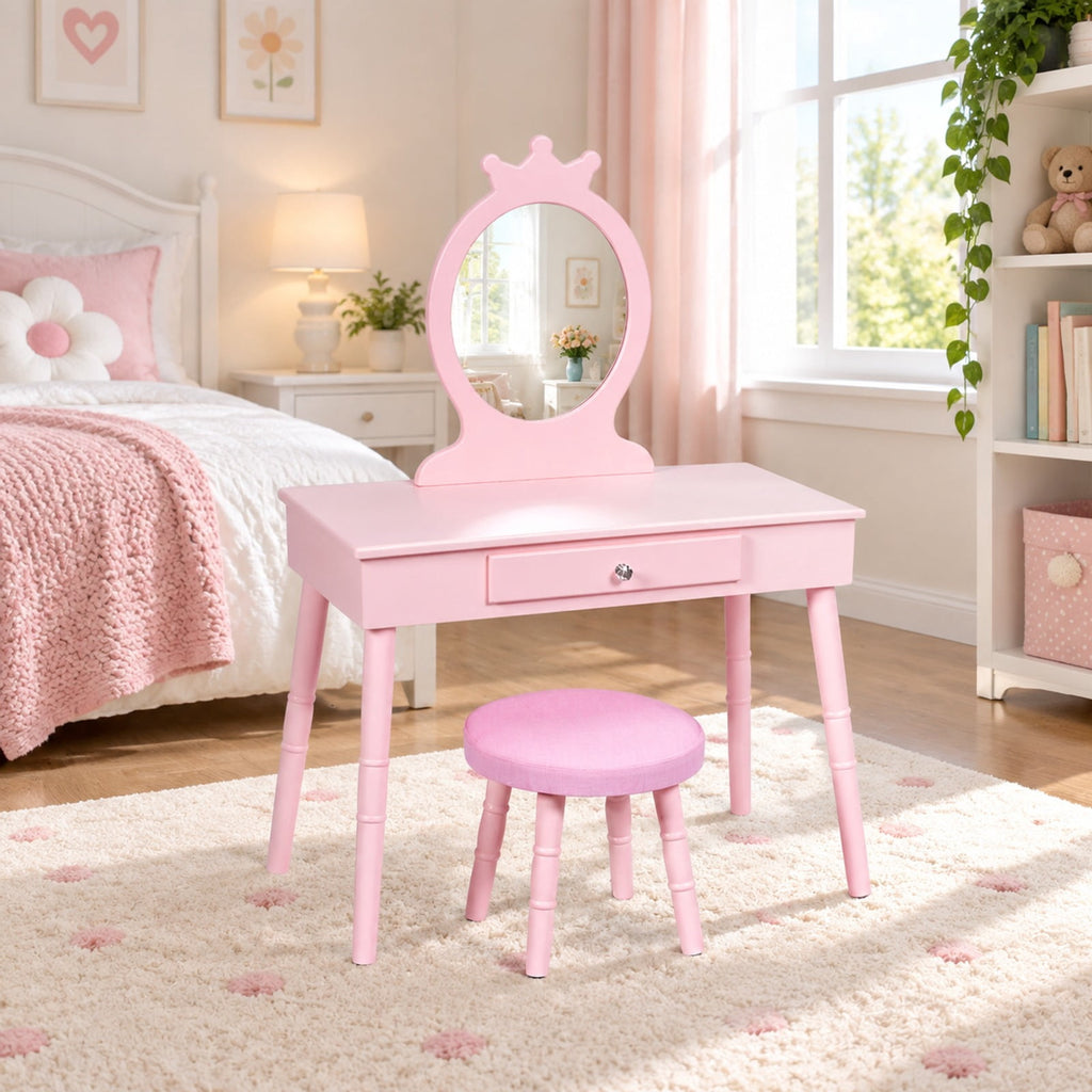 Airfind Kids Vanity Makeup Table and Chair Set Make Up Stool, 33 lbs Capacity, MDF pine wood Frame, 27.5 Inch x 13.5 Inch x 40 Inch Footprint, Pink