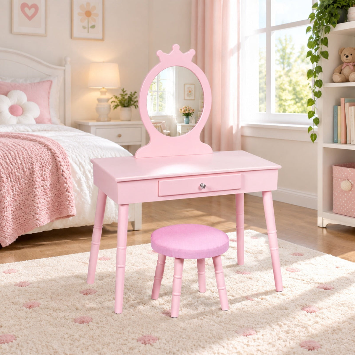 Airfind Kids Vanity Makeup Table and Chair Set Make Up Stool, 33 lbs Capacity, MDF pine wood Frame, 27.5 Inch x 13.5 Inch x 40 Inch Footprint, Pink