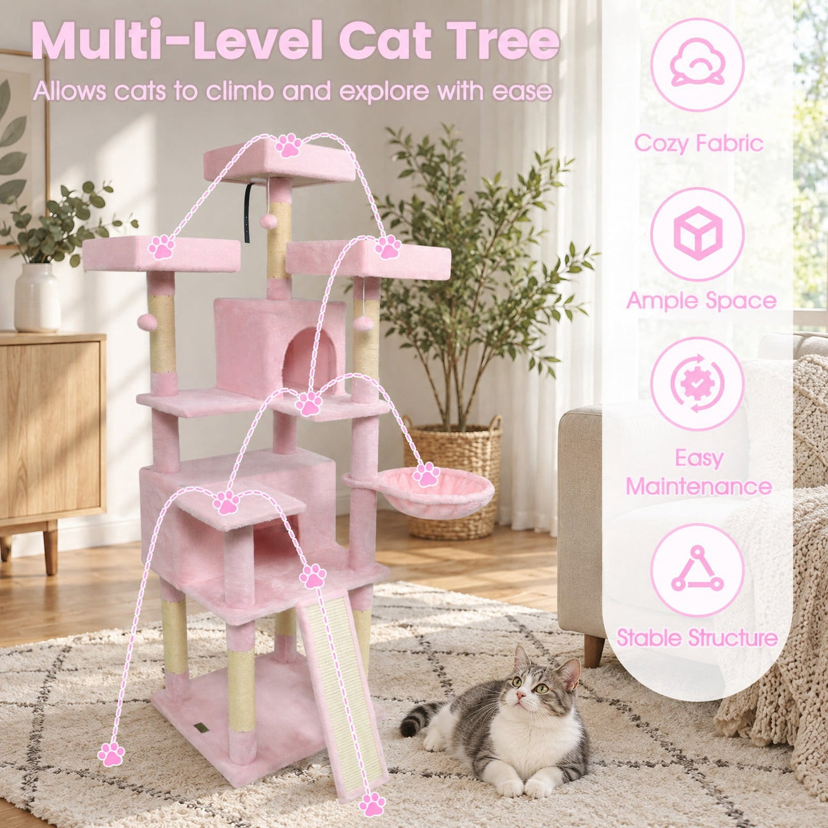 Airfind 65 Inch Tall Multi-level Cat Tree with 3 Upholstered Perch and 2 Cat Condos, Fabric Sisal Engineered Wood Overall Height 65 Inch Base Frame